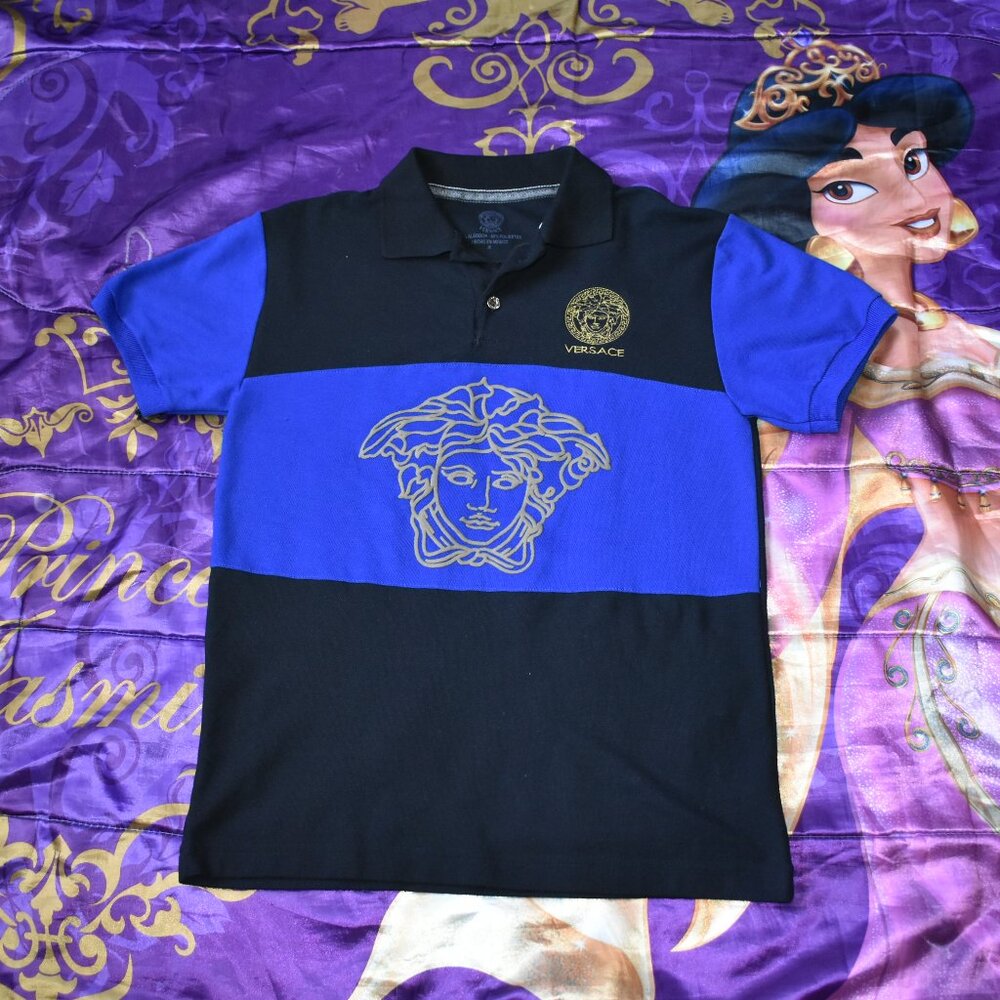 3D Medusa & Embroidered Logo blue black Polo Shirt T-shirt Men's Size Medium